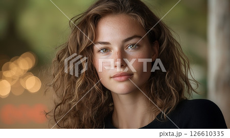 Close Up Portrait Young Woman with Freckles and Auburn Curly Hair Outdoors 126610335