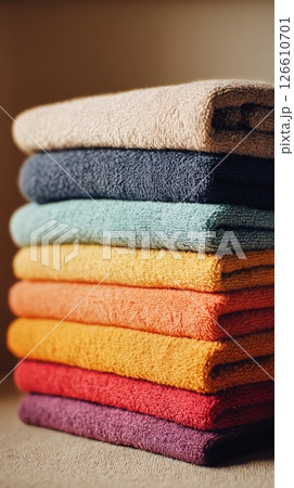 Soft, Colorful Towels Neatly Stacked in a Cozy Interior Setting on a Wooden Surface 126610701