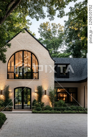 Modern Architectural Beauty of a Serene House During Golden Hour in a Lush Neighborhood 126610702