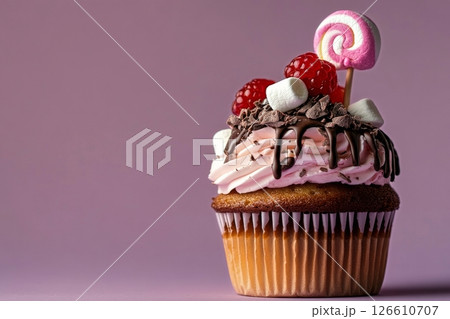 Deliciously Decorated Cupcake With Strawberry and Marshmallows on Purple Background 126610707