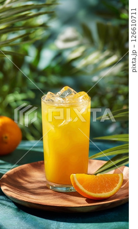 Refreshing Orange Drink With Ice Surrounded by Green Leaves in a Natural Setting 126610711