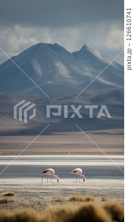 Flamingos Feeding in a Serene Landscape With Mountains in the Background During Daylight Flamingos Feeding in a Serene Landscape With Mountains in the Background During Daylight 126610741