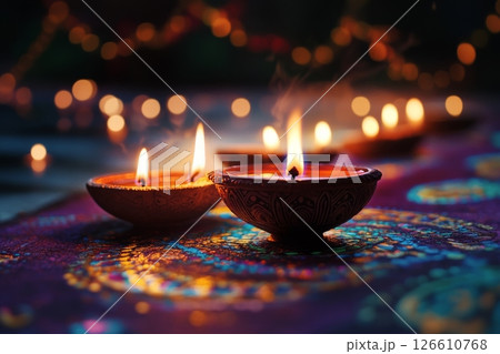 Festival of Lights Celebration With Traditional Lamps Illuminated at Night 126610768