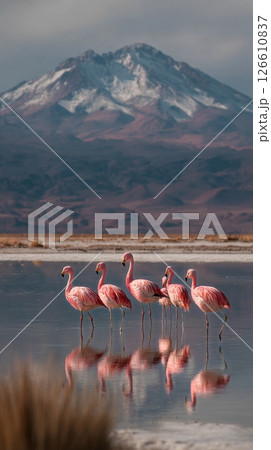 Flamingos Feeding in a Serene Landscape With Mountains in the Background During Daylight 126610837