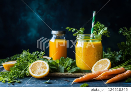 Refreshing Carrot and Lemon Drink With Vibrant Greens on a Dark Background 126610846