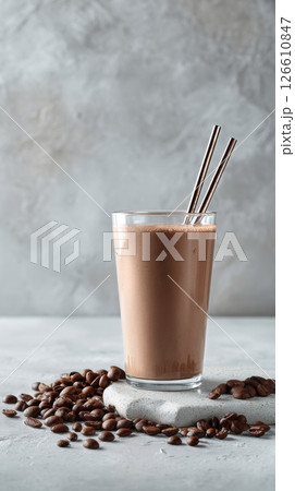 Smooth Chocolate Drink With Coffee Beans on a Textured Background 126610847