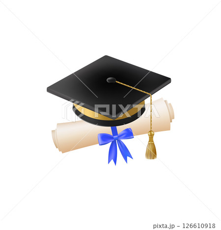 3d diploma scroll with graduate hat. Vintage roll paper 126610918