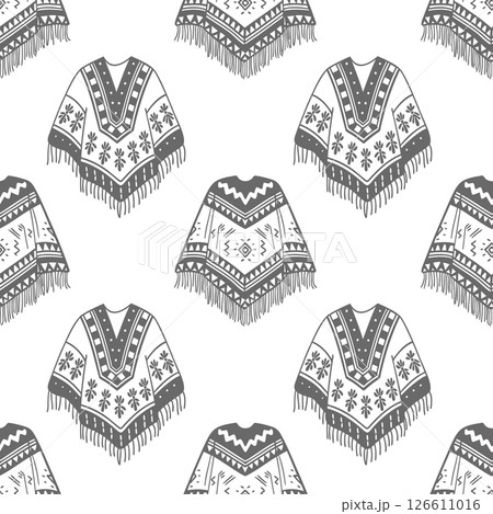 Hand drawn ponchos pattern. Latin american clothing background. Spanish ethnic woolen clothes. Sketch. Hand drawn ponchos pattern. Latin american clothing background. Spanish ethnic woolen clothes. Sketch. 126611016