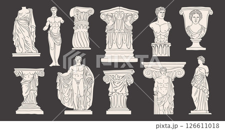 Collection of ancient Greek and Roman sculptures and architectural elements. Sketch of black outline illustration. 126611018