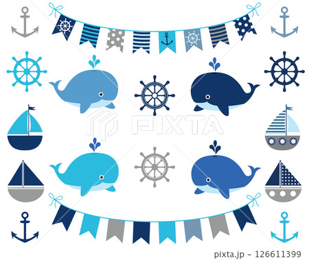 Nautical boy design elements in blue and grey - boat, whale, bunting, wheel, anchor 126611399