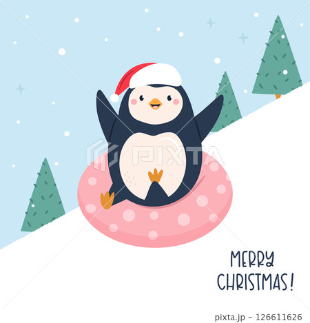 Cute Penguin Sledding Christmas Card. Fun Winter Holiday Illustration 126611626