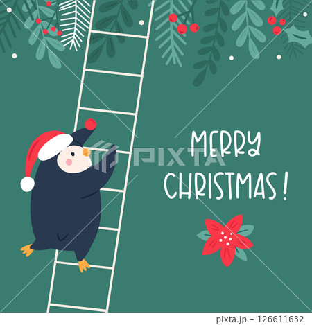 Cute Hand Drawn Christmas Card with Funny Penguin 126611632