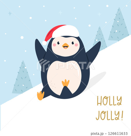 Cute Penguin Sledding Christmas Card. Fun Winter Holiday Illustration 126611633