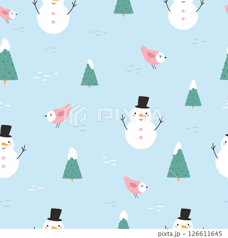 Cute Christmas Pattern with Snowman in Hats, Pink Birds Forest Trees Cute Christmas Pattern with Snowman in Hats, Pink Birds Forest Trees 126611645