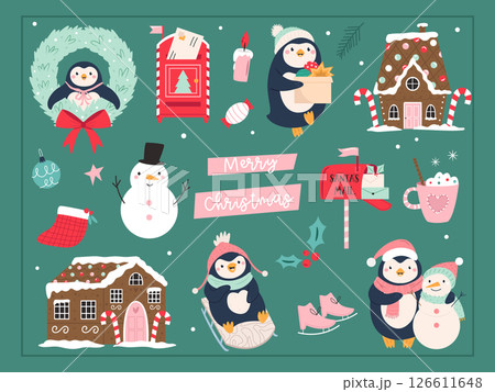 Cute Penguin Christmas Card. Happy Holidays Illustration with Winter Decorations Cute Penguin Christmas Card. Happy Holidays Illustration with Winter Decorations 126611648