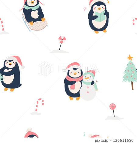 Cute Christmas Pattern with Penguins, Christmas Trees, Candy and Snowman Cute Christmas Pattern with Penguins, Christmas Trees, Candy and Snowman 126611650