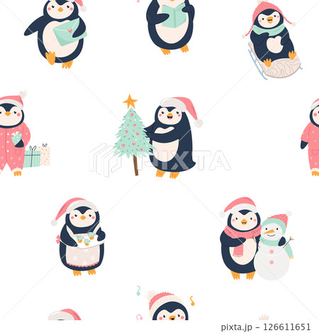 Cute Christmas Pattern with Penguins, Christmas Trees and Snowman Cute Christmas Pattern with Penguins, Christmas Trees and Snowman 126611651