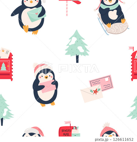 Cute Christmas Penguin Seamless Pattern with Letters, Mails to Santa Cute Christmas Penguin Seamless Pattern with Letters, Mails to Santa 126611652
