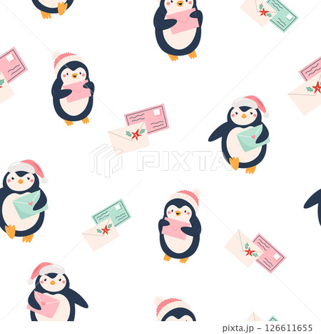 Cute Christmas Penguin Seamless Pattern with Letters, Mails to Santa 126611655