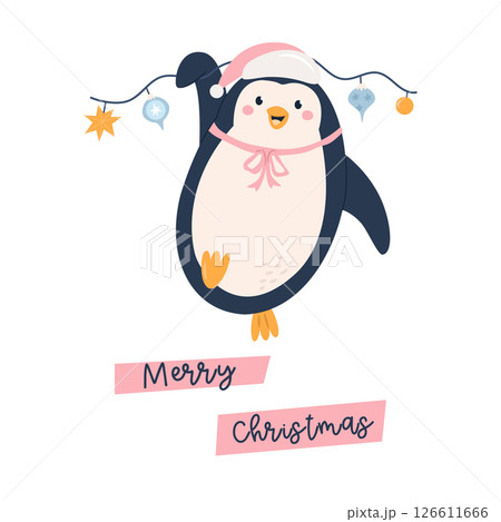 Funny Christmas Card with Adorable Penguin in a Santa Hat Hanging on Garland Funny Christmas Card with Adorable Penguin in a Santa Hat Hanging on Garland 126611666