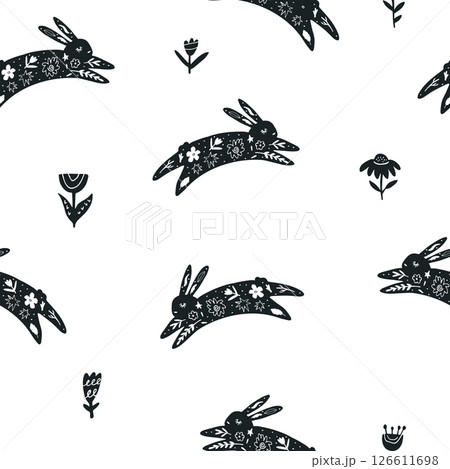 Seamless vector pattern with cute hand-drawn rabbits and flowers in a folk art style. 126611698