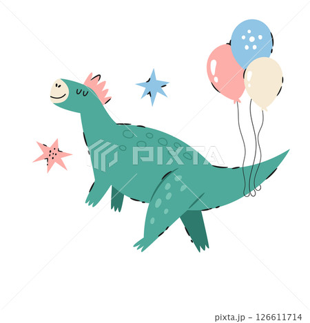 Funny cartoon dinosaur with colorful balloons in hand drawn playful style Funny cartoon dinosaur with colorful balloons in hand drawn playful style 126611714