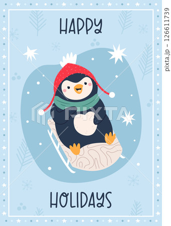 Cute Penguin Sledding Christmas Card. Fun Winter Holiday Illustration 126611739