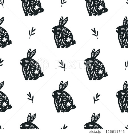 Seamless vector pattern with cute hand-drawn rabbits and flowers in a folk art style. 126611743