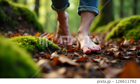 Soft bare feet gently tread on a forest path covered with vibrant green moss and scattered fallen leaves, creating a soothing connection with nature. Sunlight filters through the trees. 126611792