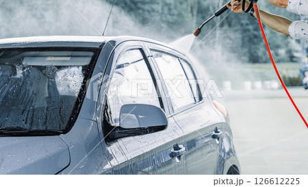 Car washing. Car cleaning soap foam. Spray bubbles pressure wet shine. 126612225