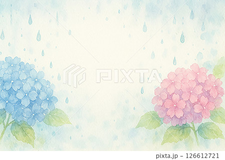 紫陽花と雨の水彩背景イラスト・梅雨の季節感をやさしいタッチで描いた季節素材 126612721