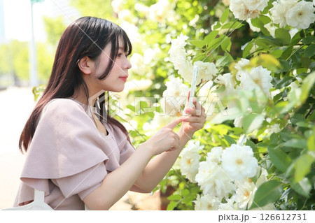 白いバラの写真を撮る女性 126612731