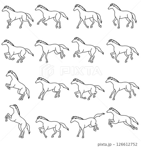 走る馬のシンプルな線画、白黒のベクターイラストセット 126612752