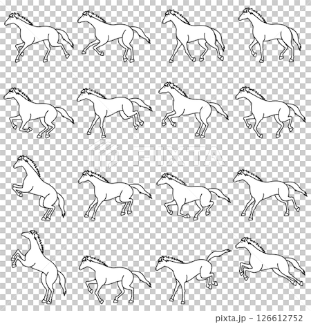 走る馬のシンプルな線画、白黒のベクターイラストセット 126612752