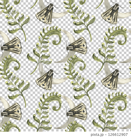 Night moth,moon phases crescent with green forest fern branches watercolor seamless pattern .Hand drawn mystic background with night butterflies, sky stars and floral element for boho Halloween design 126612907