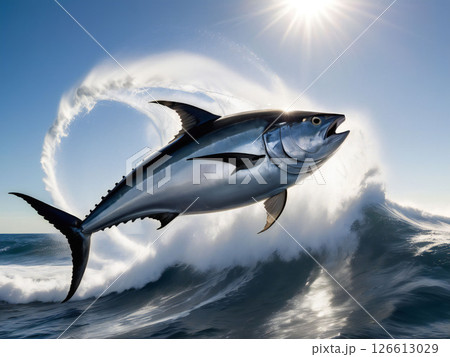 海面からダイナミックなジャンプをするクロマグロ 126613029