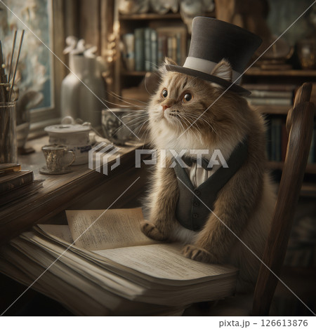 本を見ながら調べものをする猫 126613876