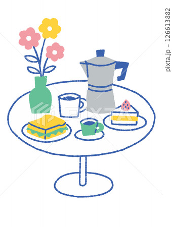 花瓶とコーヒーとサンドイッチがある風景_色 花瓶とコーヒーとサンドイッチがある風景_色 126613882