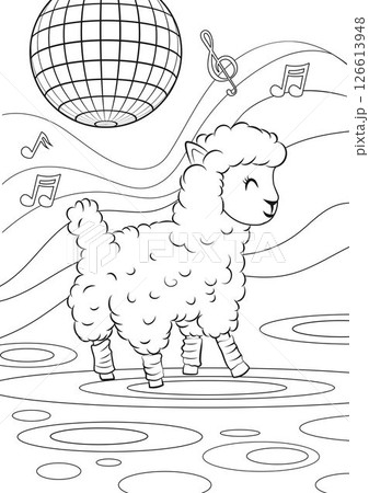 Print black and white with a hero llama dancing at a disco in vector 126613948
