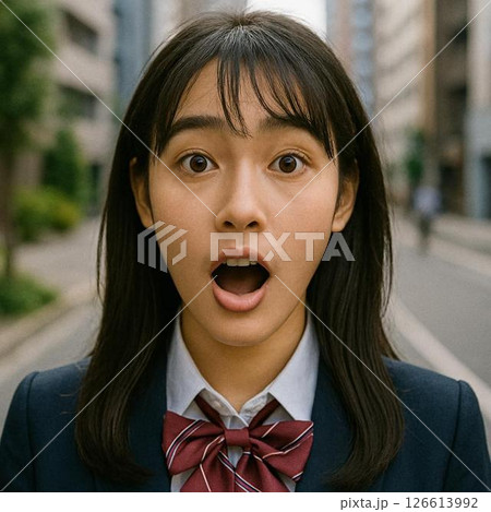 制服姿の日本人美少女が街中で驚く瞬間を撮影 126613992