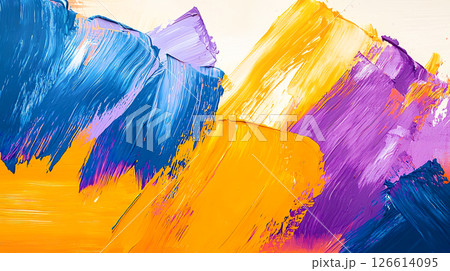 鮮やかな紫と黄色と青と白が混ざり合った油彩のブラシストロークの背景 126614095