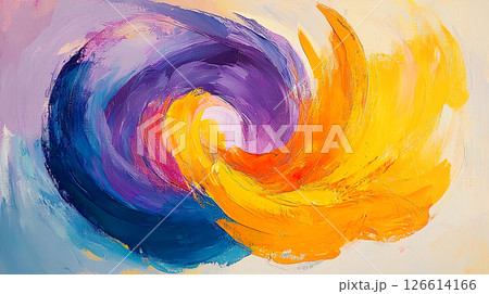 抽象的なデザインの紫と黄色と青と白が混ざり合った油彩の背景 126614166