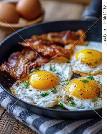焼きたての卵とベーコン 126614168