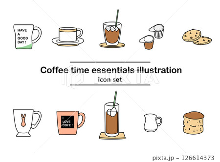 コーヒータイムのアイコンセット｜マグカップ, アイスコーヒー, クッキー, ミルク 126614373