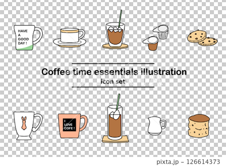 コーヒータイムのアイコンセット｜マグカップ, アイスコーヒー, クッキー, ミルク 126614373