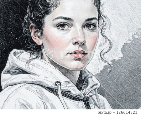 パーカーを着た少し巻き毛の若い女性が肖像画、鉛筆画 126614523