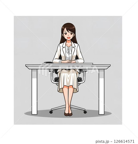 オフィスで働く女性　デスクに座りため息　AIアニメ風　ビジネスシーンのイラスト　面接　困り顔 126614571