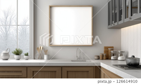 北欧風のミニマルな白と木目のキッチンインテリアフォトフレームモックアップ 126614910