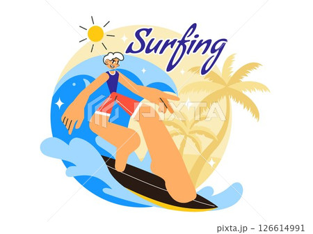 Summer Surfing Vector Illustration of Water Sports Activities, Featuring Surfboards Riding Ocean Waves or Floating in a Flat Style Cartoon Background 126614991
