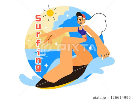 Summer Surfing Vector Illustration of Water Sports Activities, Featuring Surfboards Riding Ocean Waves or Floating in a Flat Style Cartoon Background Summer Surfing Vector Illustration of Water Sports Activities, Featuring Surfboards Riding Ocean Waves or Floating in a Flat Style Cartoon Background 126614996
